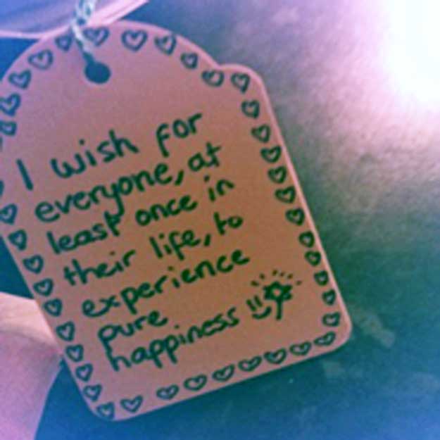 a small card tag syas 'i wish for everyone, at least once in their life, to experience pure happiness'.